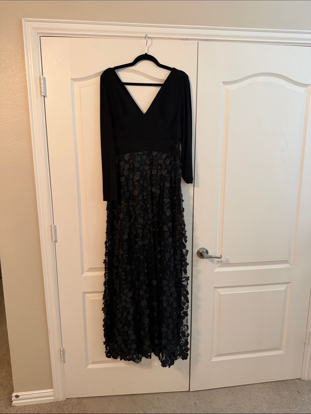 Xscape Black Long Sleeve V-Neck Maxi with 3D Floral Skirt